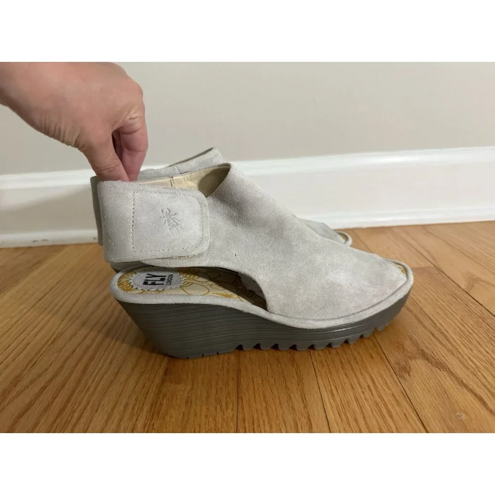 Fly London womens EU 39 US 8 8.5 Yone Peep Toe suede leather wedge heels beige - Picture 2 of 11
